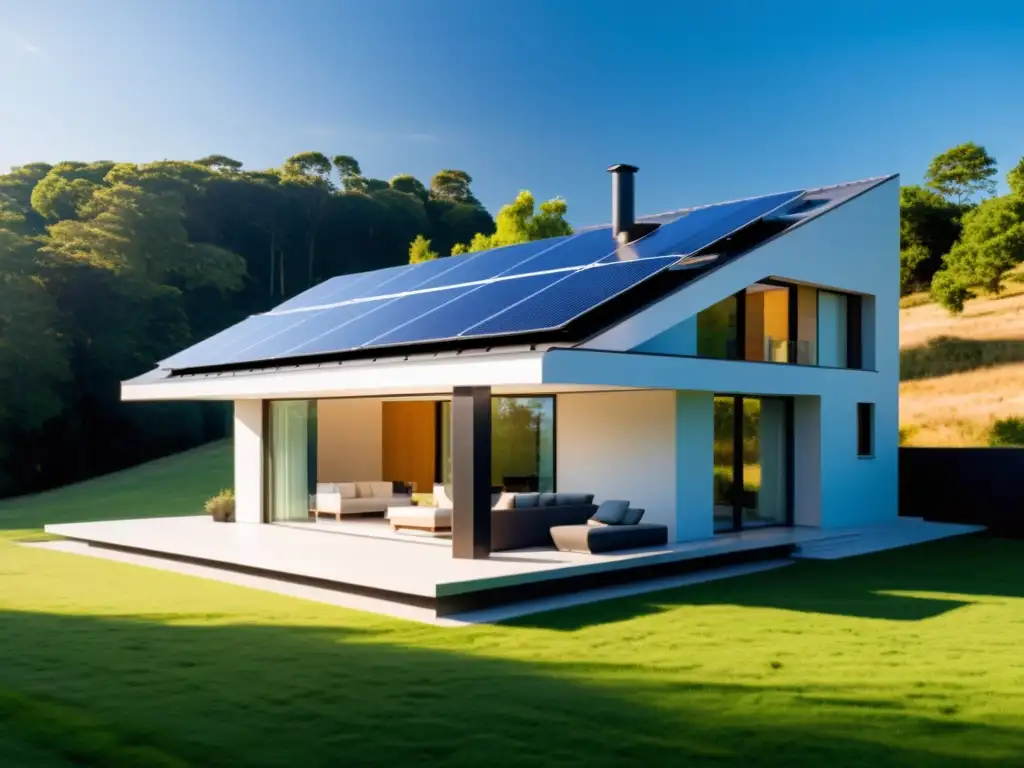 Una casa moderna con paneles solares integrados, capturando la luz del sol con un brillo cálido y acogedor