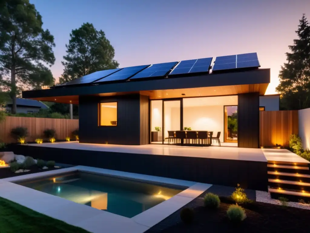 Casa moderna con paneles solares en el techo y baterías térmicas almacenamiento energético en el jardín al atardecer