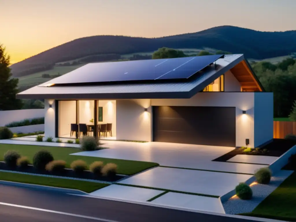 Una casa moderna con paneles solares en el techo y sistema de almacenamiento de energía en el garaje, bañada por la cálida luz del atardecer