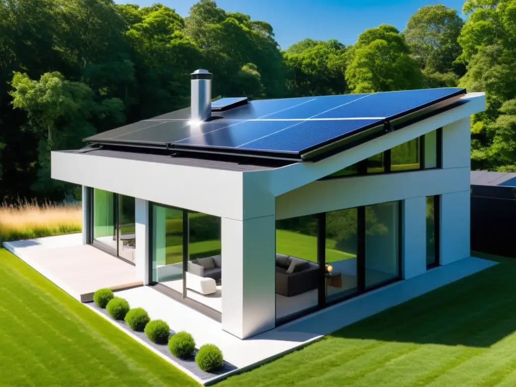 Una casa moderna con paneles solares en el techo y un sofisticado sistema de almacenamiento de energía sostenible integrado discretamente