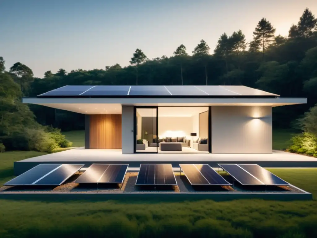 Una casa moderna con paneles solares en el techo y una fila de baterías de alta tecnología para hogar sostenible