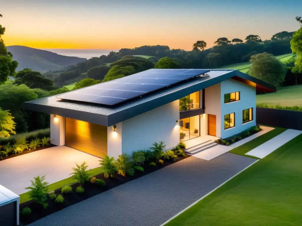 Una casa moderna con paneles solares y sistema de almacenamiento de energía, rodeada de naturaleza