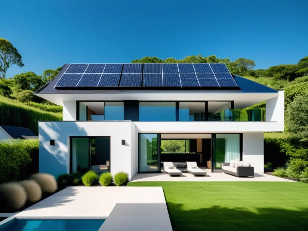 Casa moderna con paneles solares integrados en el techo, rodeada de vegetación exuberante y cielos azules