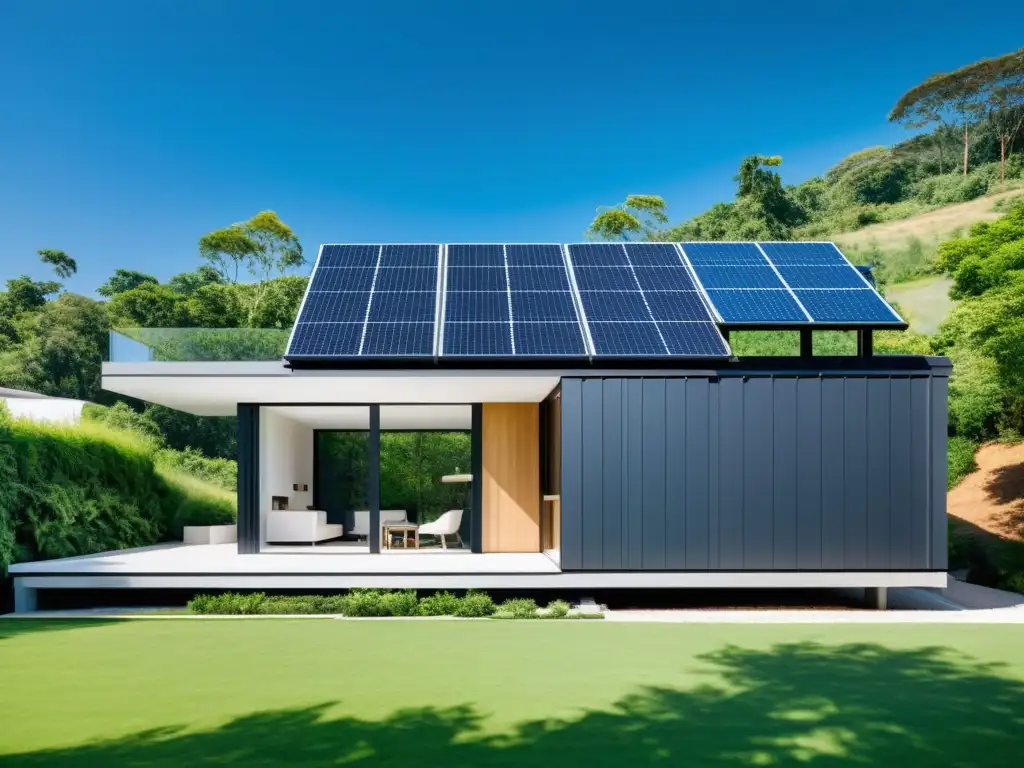 Una casa moderna con paneles solares y almacenamiento de energía sostenible, en armonía con la naturaleza y el cielo azul