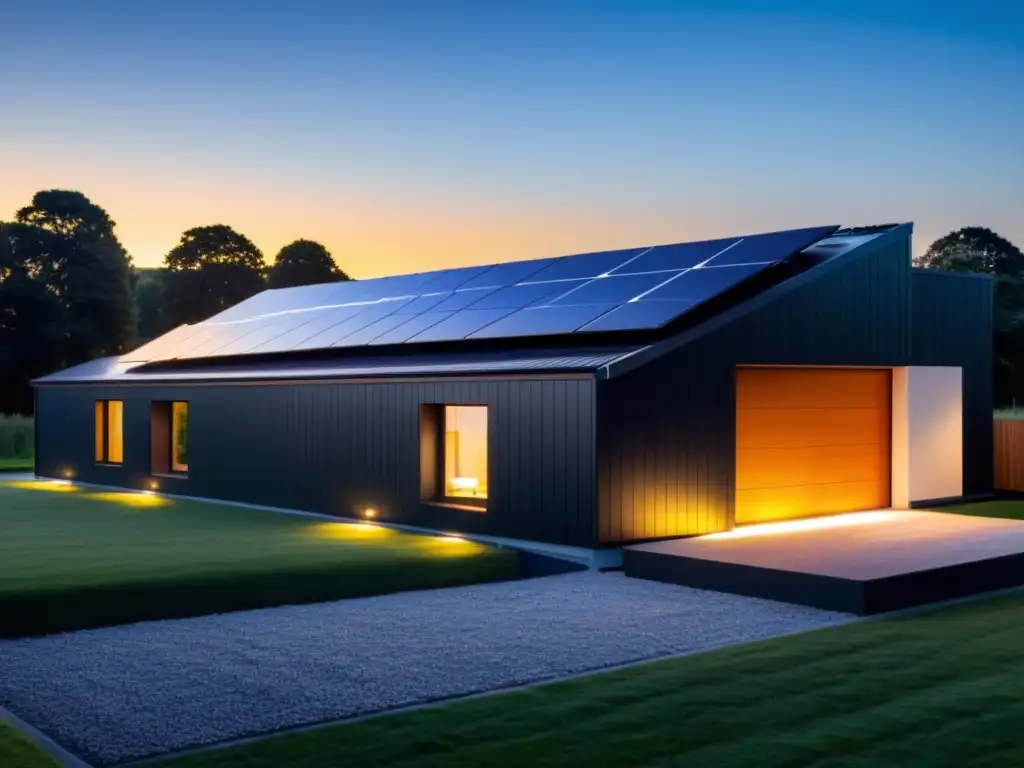 Casa moderna con paneles solares, baterías integradas y puesta de sol