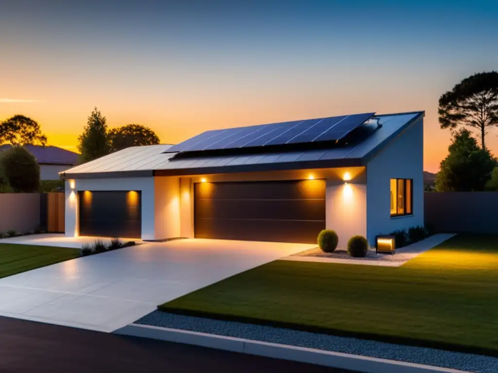 Una casa moderna con paneles solares y un sistema de almacenamiento energético integrado, bañada por la cálida luz del atardecer