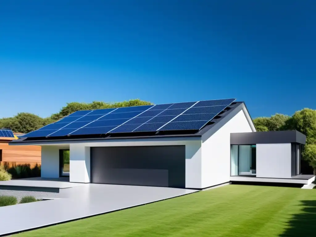 Casa moderna con paneles solares: armonía sostenible Casa moderna con paneles solares en el techo, integrando tecnologías de energía limpia