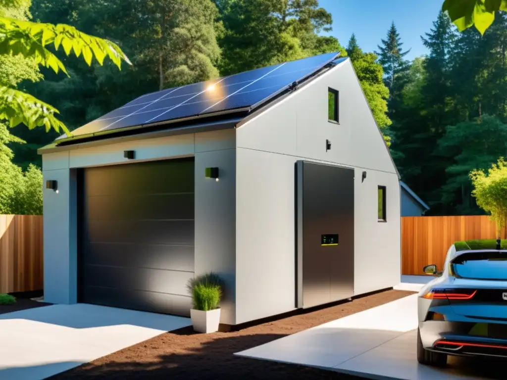 Una casa moderna con paneles solares en el techo y un sistema de almacenamiento de energía residencial en el garaje