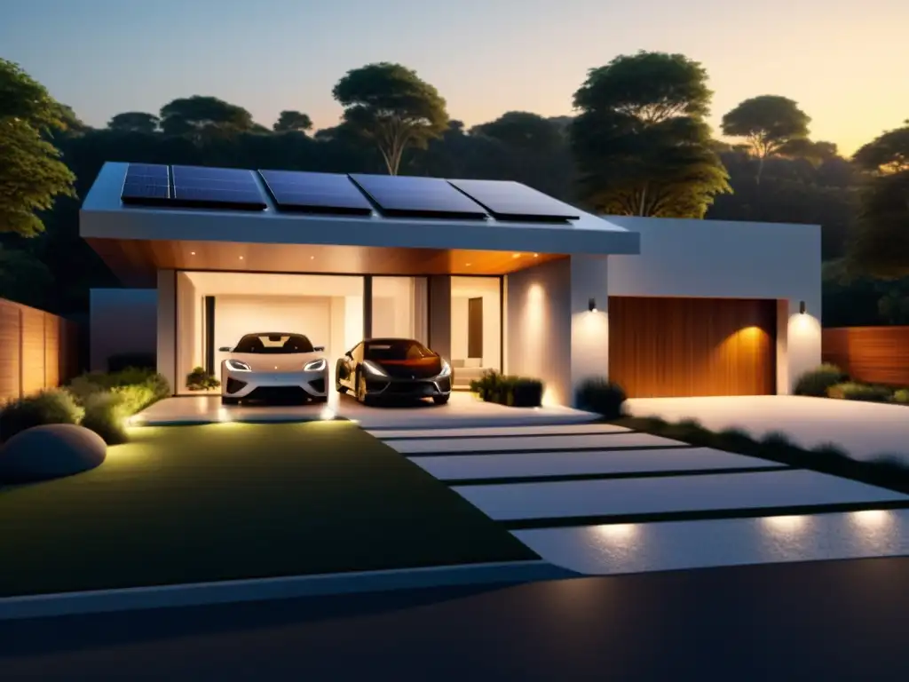 Casa moderna con paneles solares y batería de almacenamiento Una casa moderna con paneles solares y sistema de almacenamiento de energía para hogar sostenible, bañada por la cálida luz del atardecer