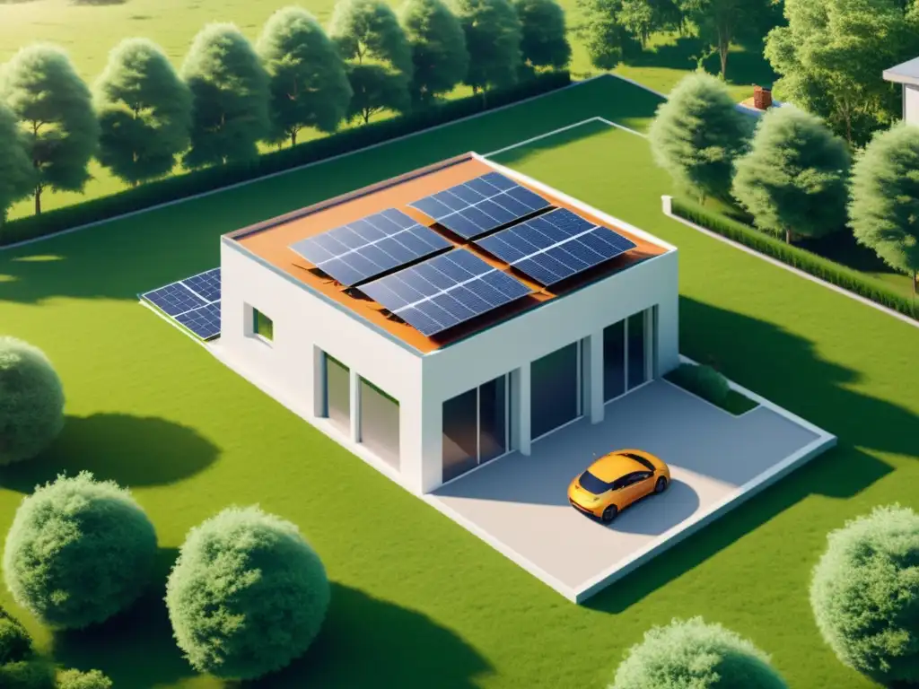 Una casa moderna con paneles solares y turbinas eólicas en un entorno verde, conectada a microgrids para hogar sostenible