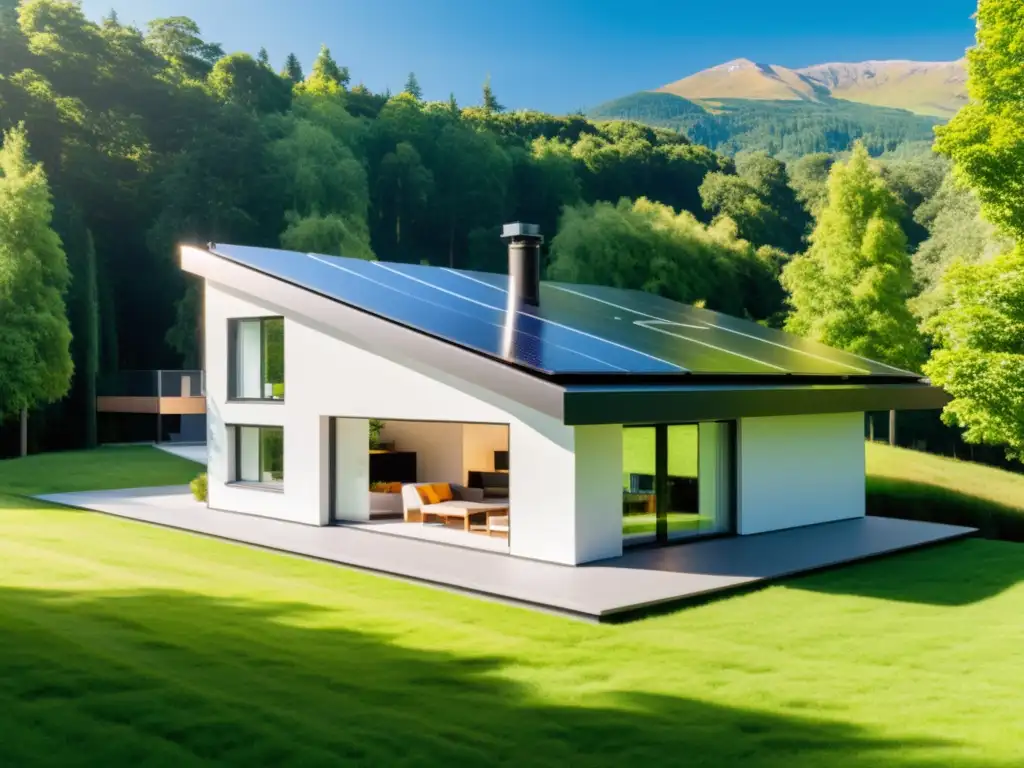 Una casa moderna con paneles solares y sistema de cogeneración bioenergética, rodeada de naturaleza