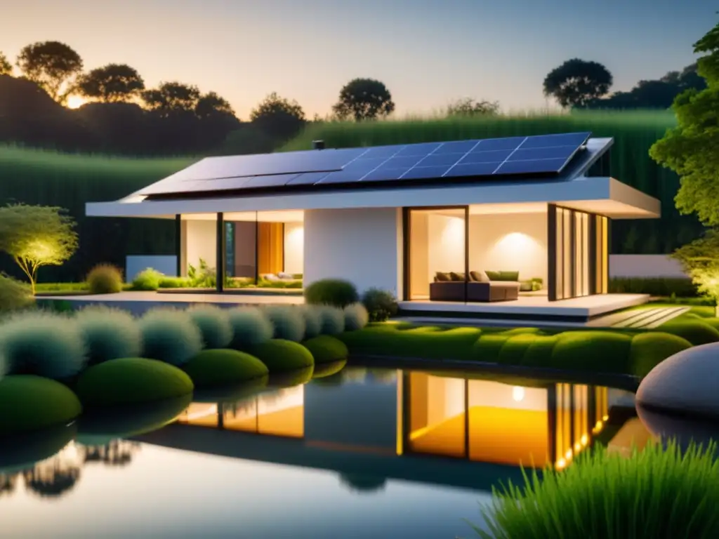 Una casa moderna con paneles solares integrados, rodeada de naturaleza exuberante y estanques de cultivo de microalgas como fuente de energía sostenible al atardecer