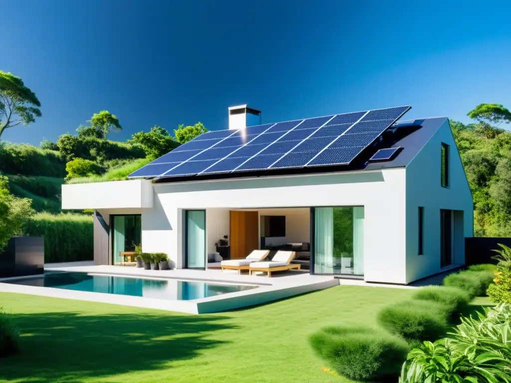 Casa moderna con paneles solares integrados en un entorno verde