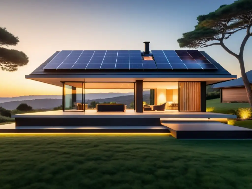 Una casa moderna con paneles solares capturando la calidez del atardecer