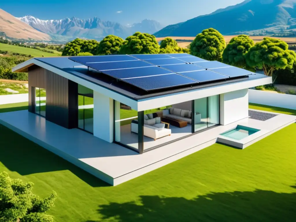 Una casa moderna con paneles solares integrados, captando la estética sofisticada y ecológica