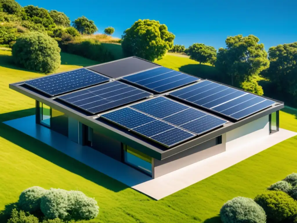 Una casa moderna con paneles solares para autosuficiencia, rodeada de un paisaje exuberante y bañada por la luz del sol