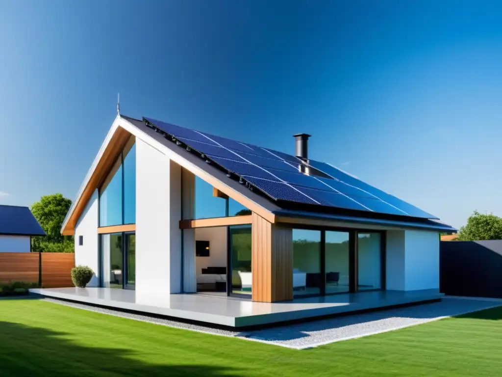 Una casa moderna con paneles solares integrados en el techo, capturando la luz del sol y generando energía sostenible
