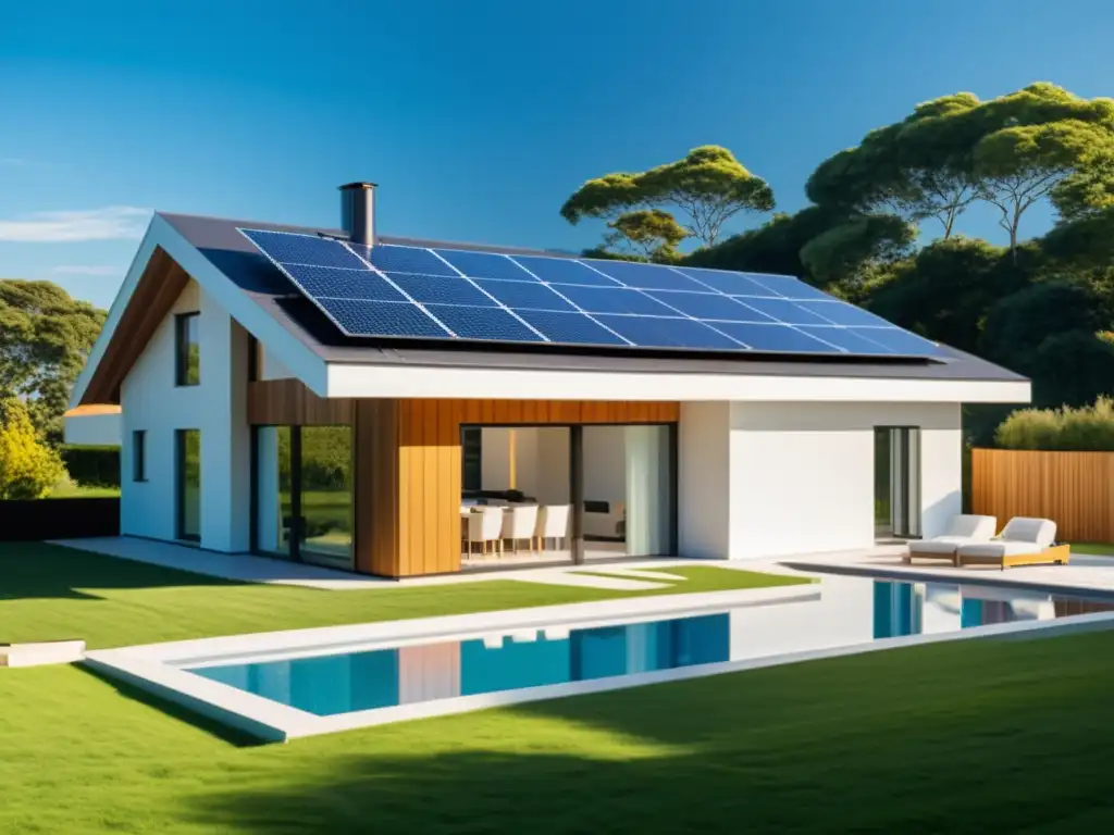 Una casa moderna con paneles solares integrados en el techo, rodeada de naturaleza exuberante