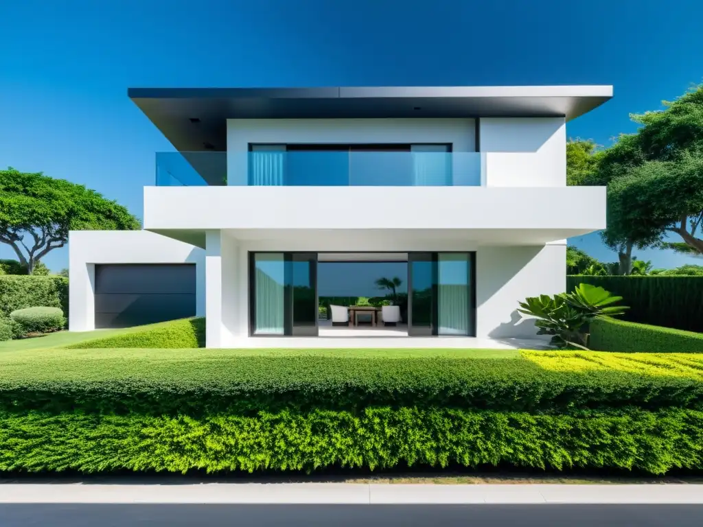 Una casa moderna rodeada de exuberante vegetación bajo cielos despejados, transmitiendo protección hogar clima extremo