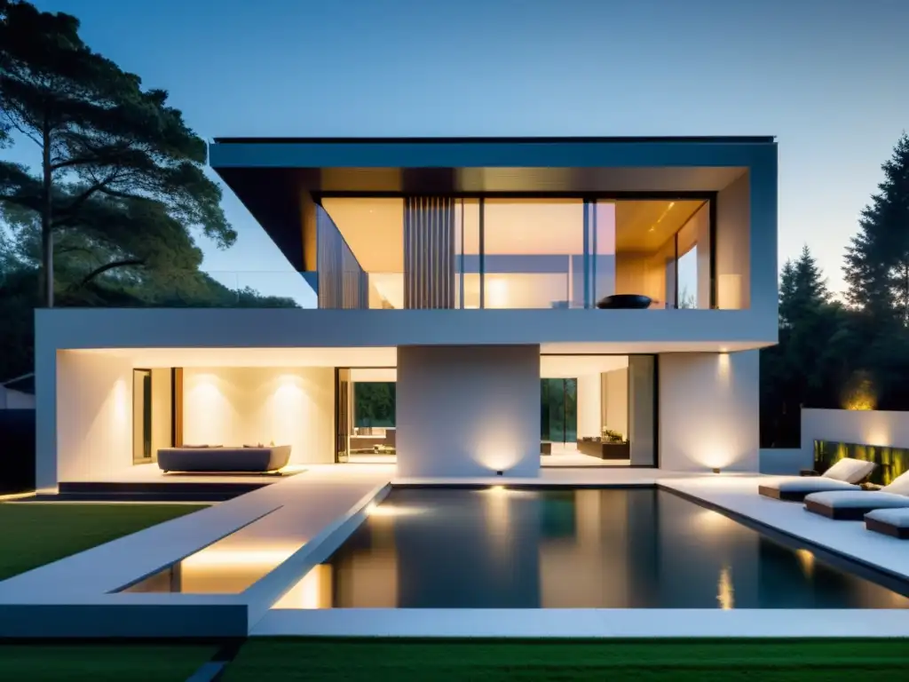 Una casa moderna con un sistema integrado de recolección de agua lluvia, bañada por la luz suave del atardecer