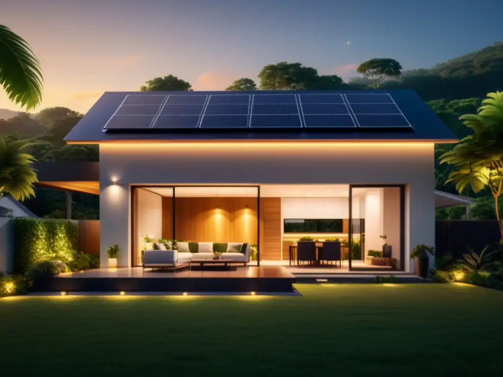 Una casa moderna sostenible con paneles solares, rodeada de vegetación, luces LED y monitor de energía, bajo el sol poniente