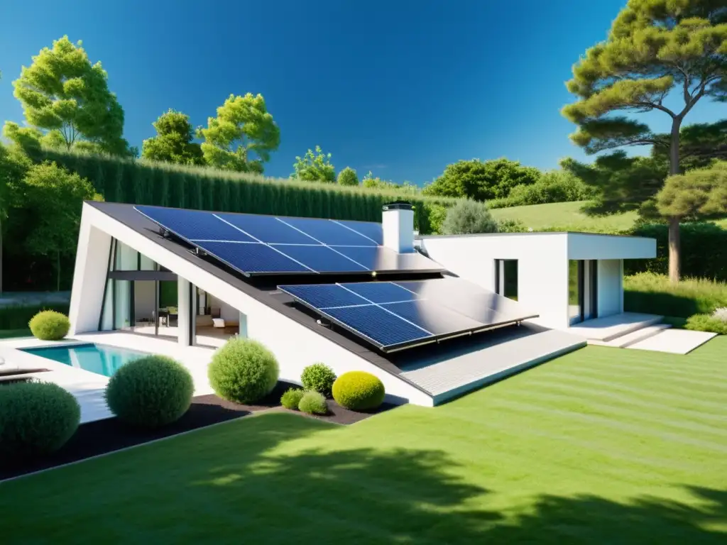 Una casa moderna sostenible con paneles solares integrados en su diseño, evocando autosuficiencia energética con paneles solares