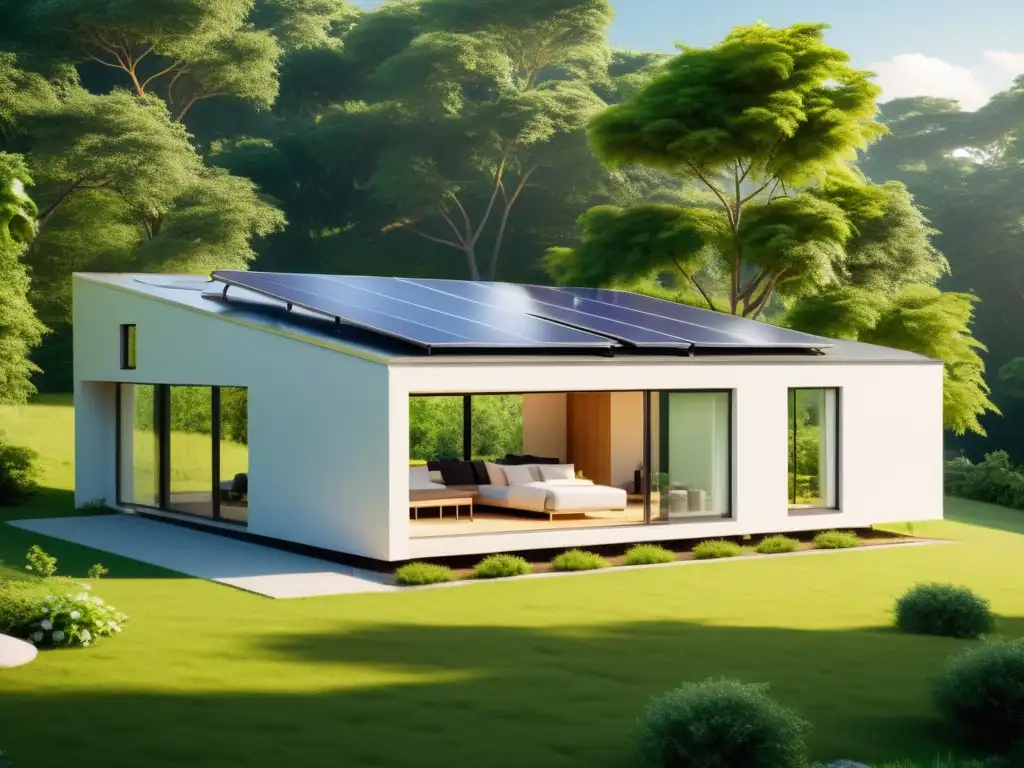 Casa moderna y sostenible con paneles solares, rodeada de naturaleza exuberante