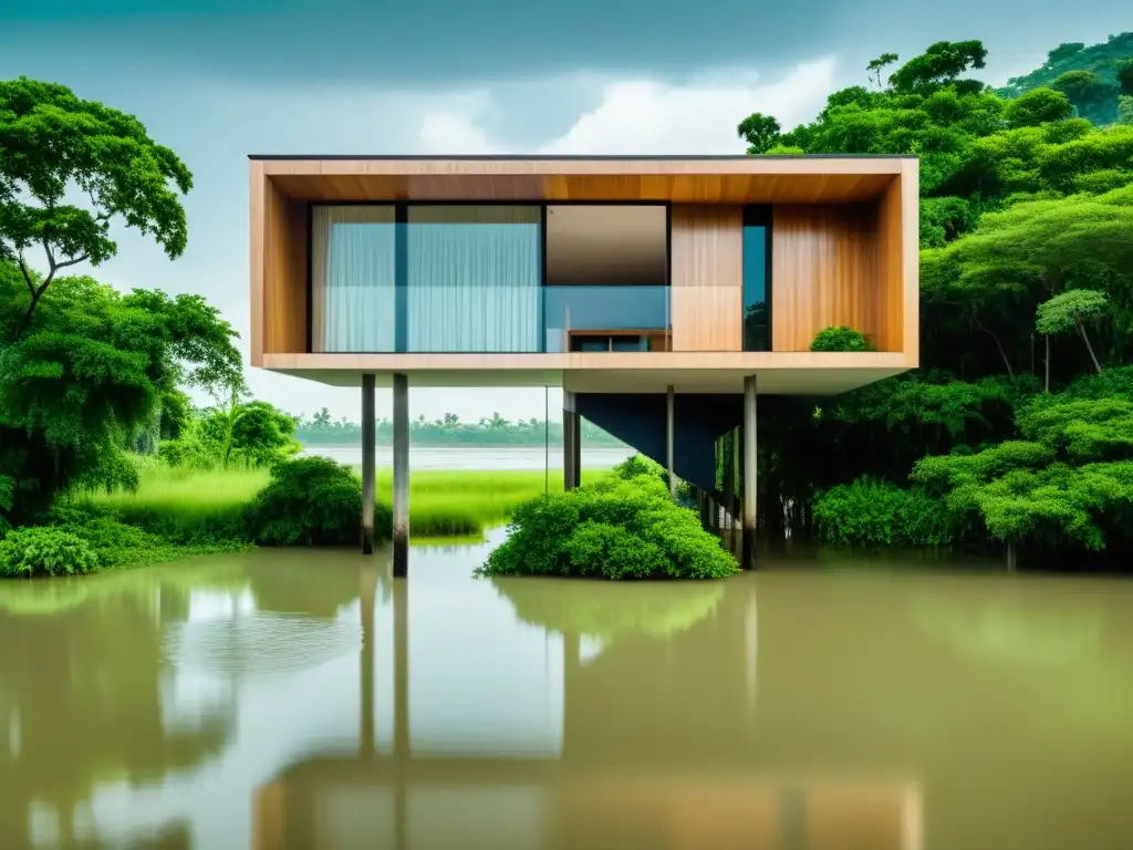 Una casa moderna en stilts rodeada de agua y tierra agrietada, representando adaptaciones estructurales para enfrentar inundaciones y sequías