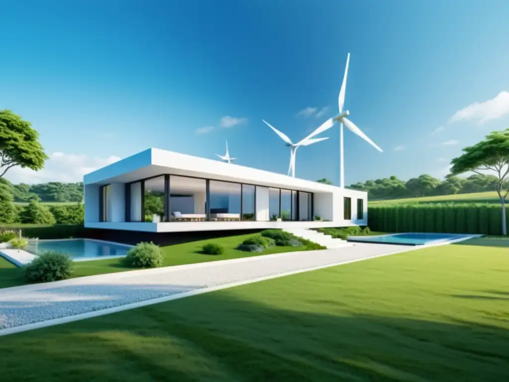 Una casa moderna con turbinas eólicas integradas en el paisaje, simbolizando la integración de energía eólica en redes inteligentes