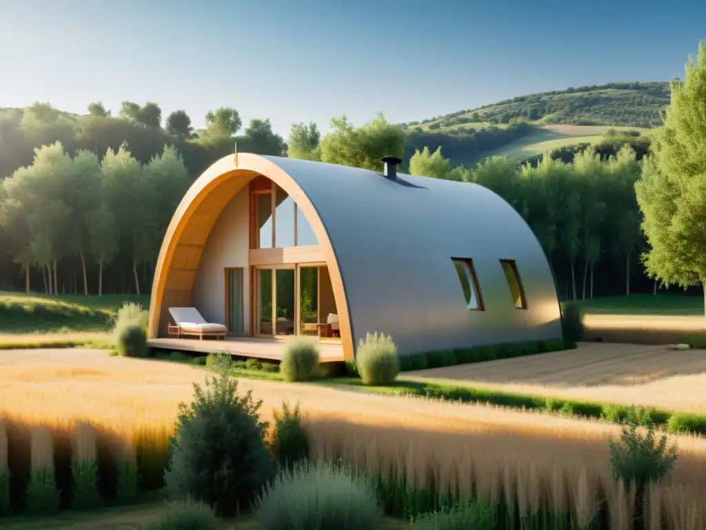 Casa de paja sostenible rodeada de naturaleza, reflejando armonía y modernidad en su diseño ecoamigable