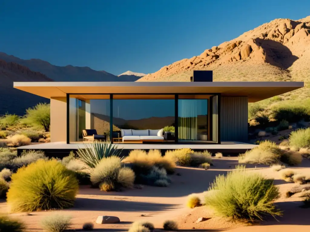 Una casa sostenible en el desierto con técnicas de construcción para zonas áridas, integrada perfectamente en el paisaje natural