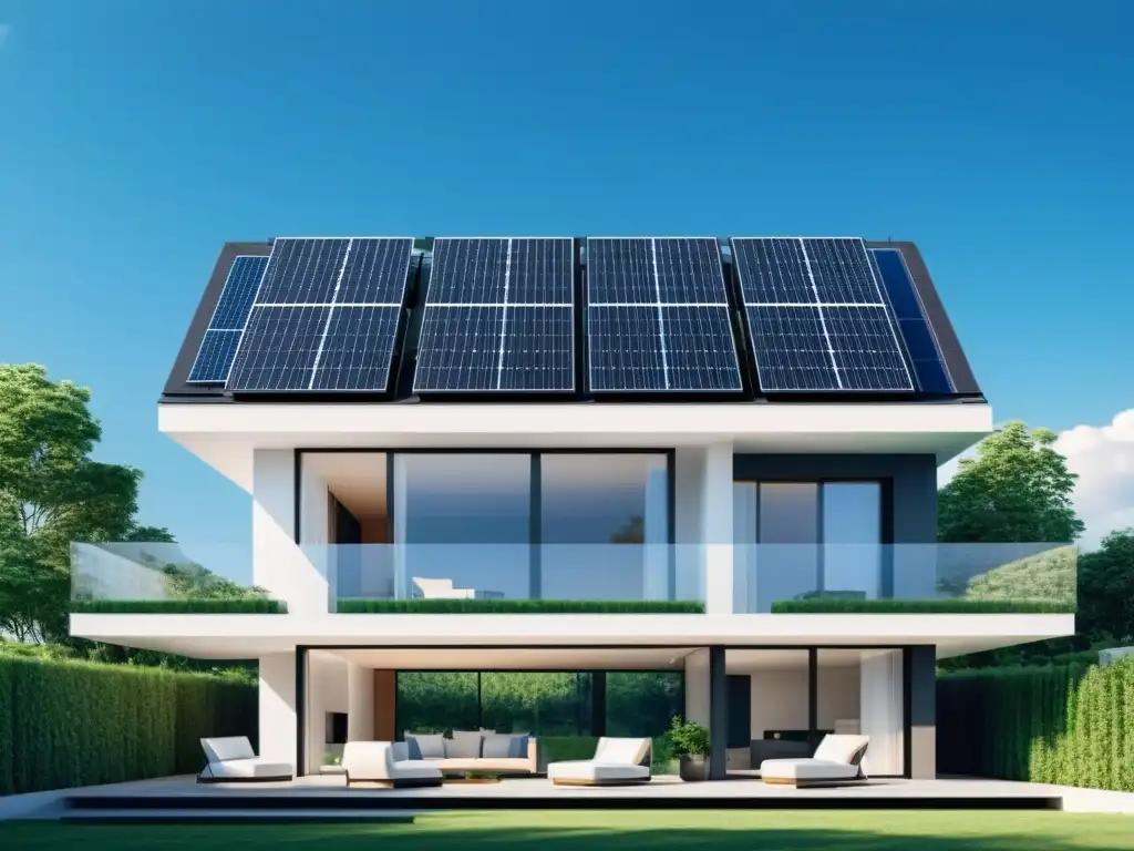 Una casa sostenible moderna con Inteligencia Artificial y paneles solares, fusionando tecnología avanzada y vida ecológica en armonía