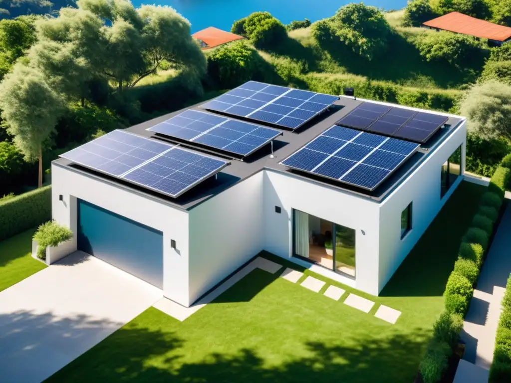 Una casa sostenible moderna con paneles solares y baterías integrados en un vecindario ecológico