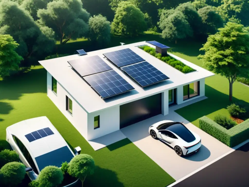 Una casa sostenible moderna con paneles solares, un molino eólico y un coche eléctrico