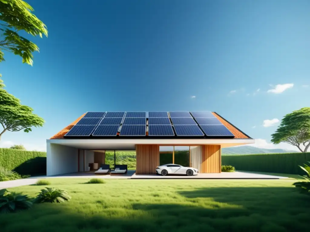 Una casa sostenible y moderna con paneles solares en el techo, rodeada de exuberante vegetación y cielos despejados