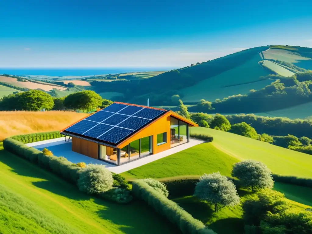 Una casa sostenible se integra armoniosamente en un paisaje verde, con energía renovable y tecnología innovadora