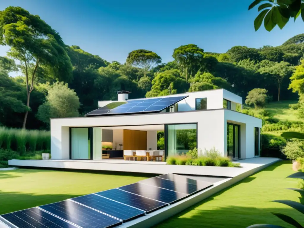 Una casa sostenible con paneles solares rodeada de naturaleza exuberante