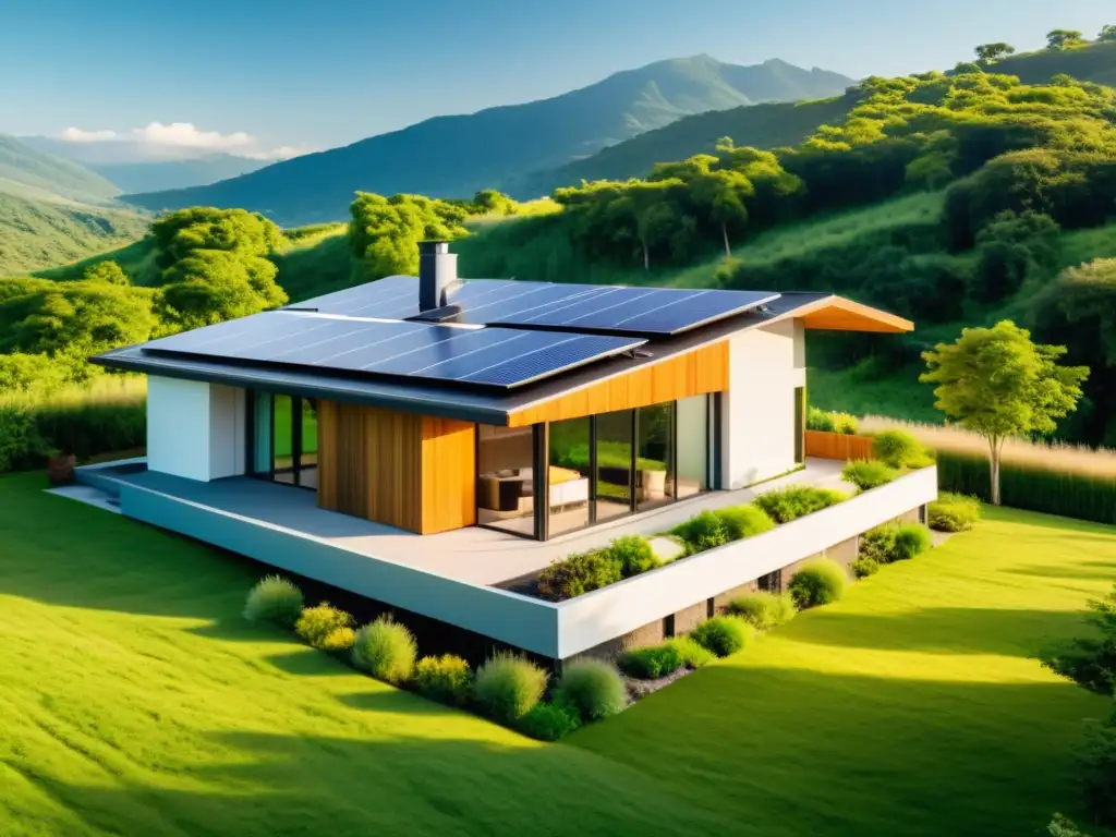 Casa sostenible con paneles solares rodeada de naturaleza exuberante