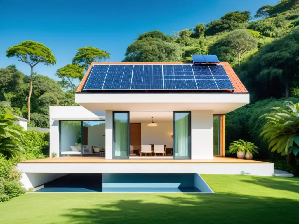 Una casa sostenible con paneles solares, rodeada de naturaleza