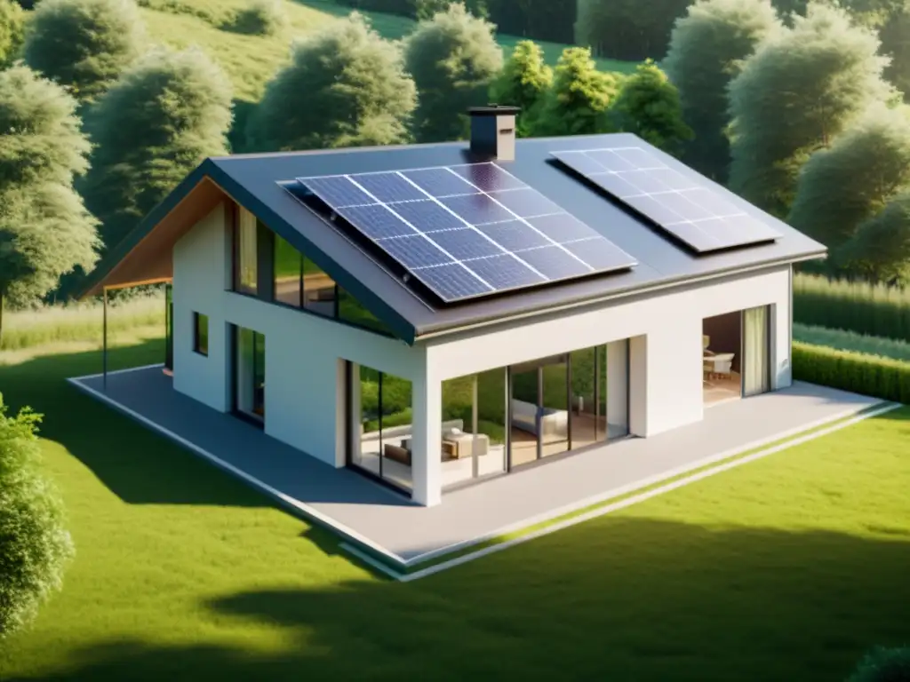 Una casa sostenible con paneles solares y cogeneración bioenergética en un entorno verde