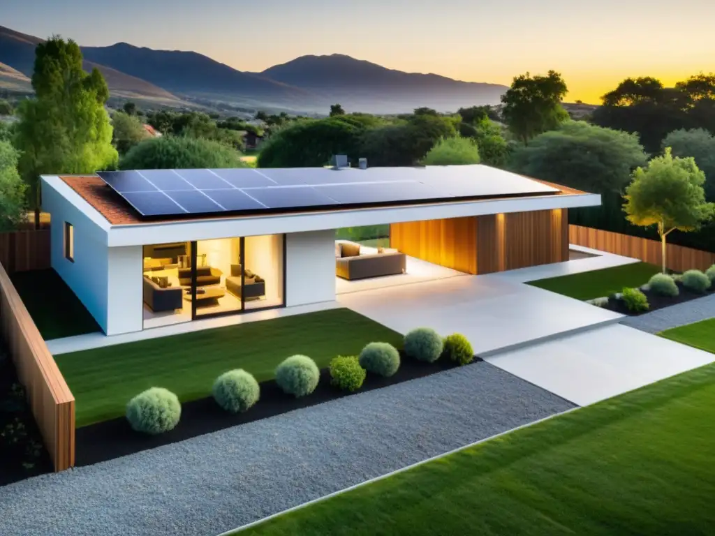 Una casa suburbana moderna con paneles solares integrados en el techo, capturando la calidez del sol y la eficiencia sostenible