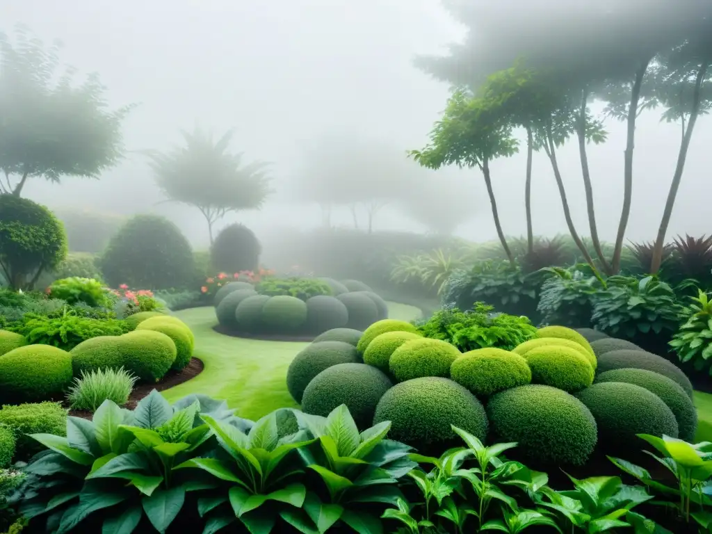 Jardín exuberante envuelto en niebla: armonía natural Cautivante jardín con niebla suave, reflejando calma y belleza natural