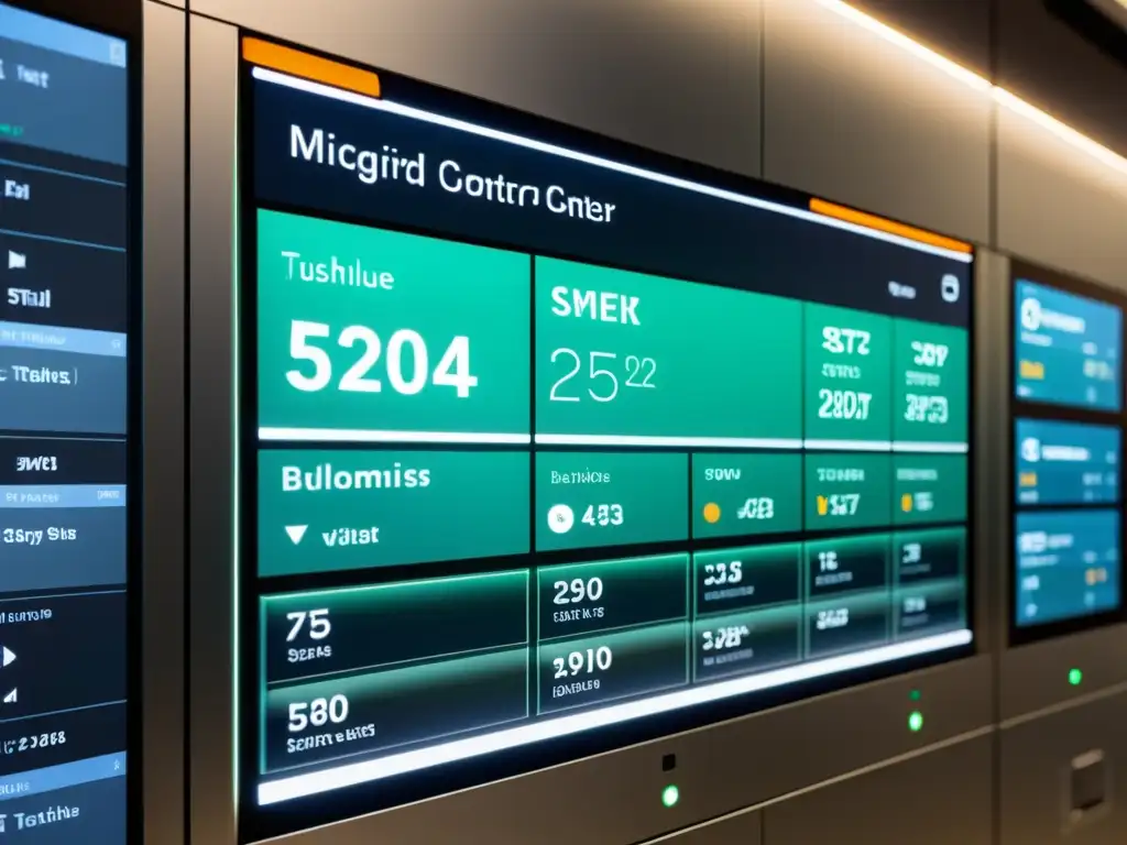 Centro de control de microredes con diseño minimalista, pantallas futuristas mostrando datos de energía en tiempo real