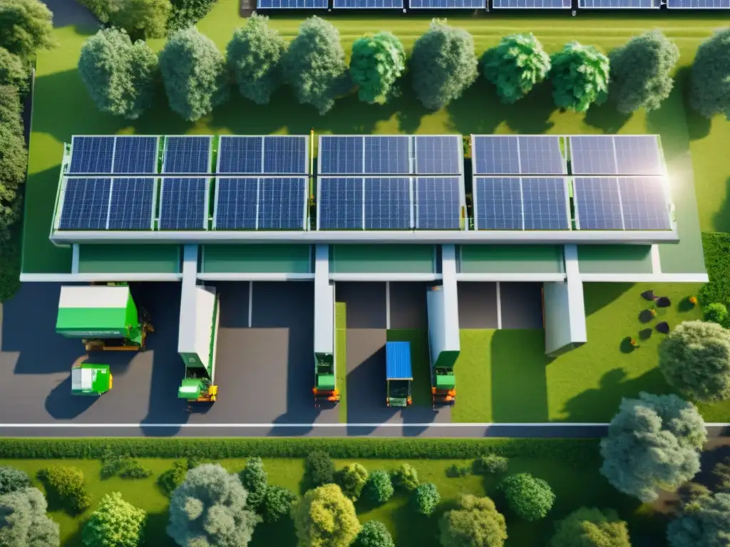 Centro de reciclaje moderno: tecnología avanzada y conciencia ambiental Centro de reciclaje moderno con tecnología avanzada para separar residuos, rodeado de vegetación exuberante y paneles solares