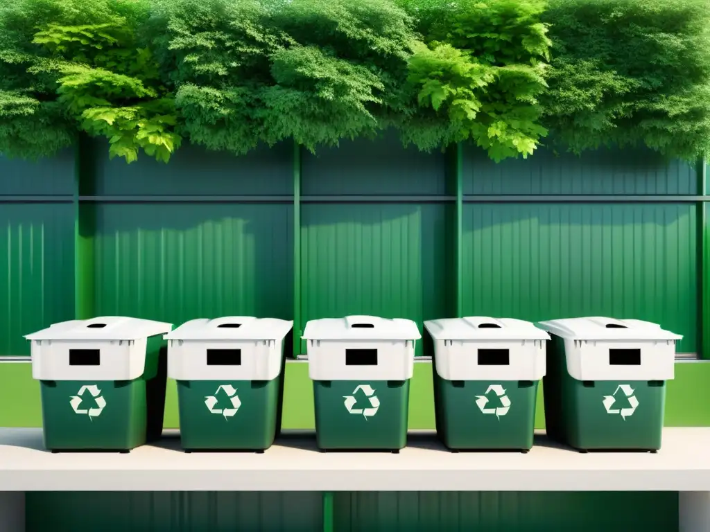 Centro de reciclaje moderno: eficiencia y armonía verde Un centro de reciclaje moderno con separación para vidrio, plástico, papel y compost
