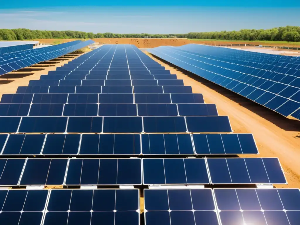 Un centro de reciclaje de paneles solares, con trabajadores clasificando y procesando paneles descartados, bajo un cielo brillante y soleado