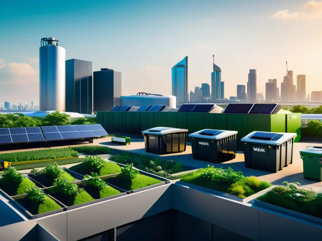 Un centro de gestión de residuos de alta tecnología con edificios futuristas, paneles solares y vegetación integrada