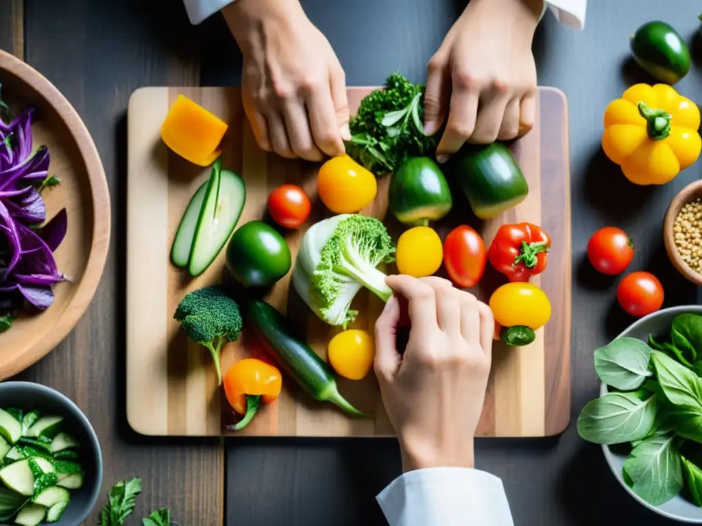 Un chef experto organiza con destreza verduras frescas en una tabla de madera, destacando la cocina sostenible con bioenergía