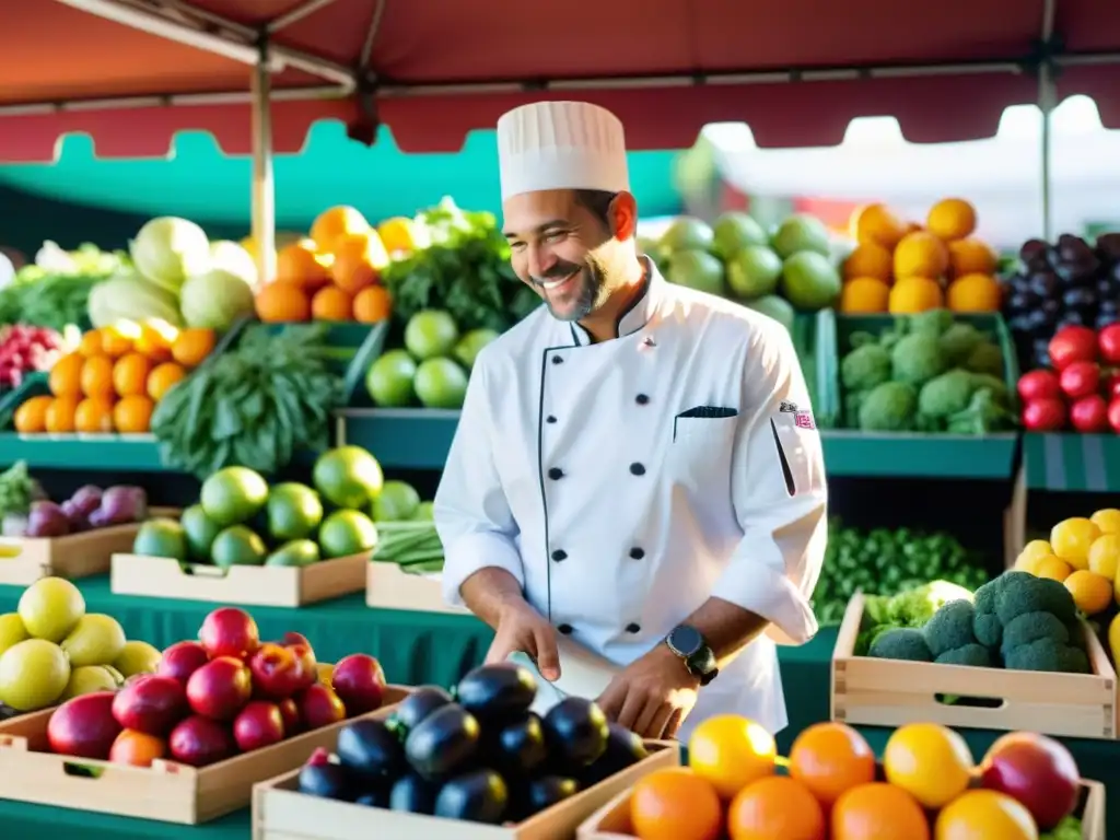 Un chef elige productos frescos en un mercado, promoviendo menús sostenibles para cocinar