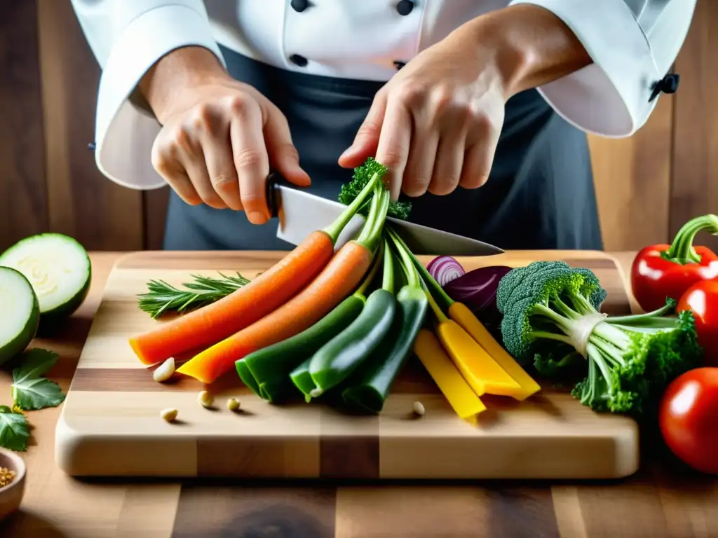 Un chef corta meticulosamente verduras coloridas en una tabla de madera, transmitiendo precisión y destreza en la cocina sin desperdicio